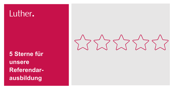 Das Bild zeigt den Schriftzug „Luther.“ und die Aussage „5 Sterne für unsere Referendarausbildung“. Es sind fünf leer dargestellte Sterne zu sehen, die eine hohe Bewertung symbolisieren.