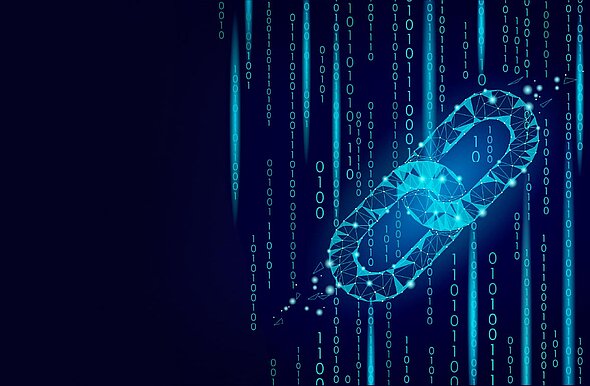 A stylized blue blockchain link is depicted against a dark background filled with cascading binary code. The design suggests connectivity and data processing, symbolizing technology and digital security.
