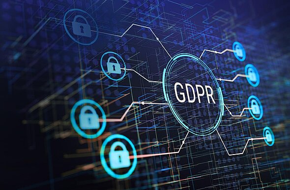 An abstract digital background featuring interconnected lines and lock symbols, with "GDPR" prominently displayed at the center. The image represents data protection and privacy regulations.