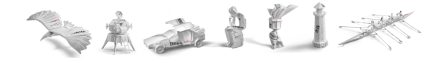 Die Darstellung zeigt eine Reihe von papierähnlichen Modellen, darunter einen Vogel, ein Fahrzeug, eine Statue und einen Leuchtturm. Alle Modelle sind in Weiß gehalten und tragen teils rotfarbige Beschriftungen, die auf einen kreativen oder kunstvollen Kontext hinweisen.
