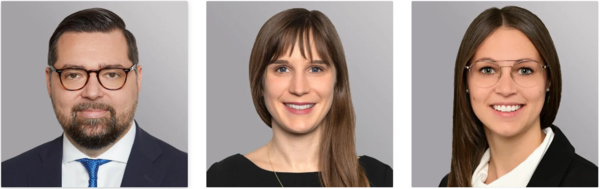 Drei Porträtfotos von Berufstätigen. Ein Mann mit Bart und Brille in einem Anzug, eine Frau mit längeren Haaren und einem schwarzen Oberteil, sowie eine weitere Frau mit Brille in einem weißen Oberteil. Alle lächeln in die Kamera.