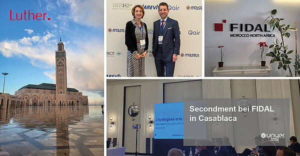 Bildbeschreibung: Eine Collage mit verschiedenen Bildern. Oben links ist die Hassan-II.-Moschee in Casablanca zu sehen. Unten links sieht man eine Konferenz, bei der über Wasserstoff diskutiert wird. Auf der rechten Seite stehen Personen vor einem FIDAL-Schild in einem modernen Büro.