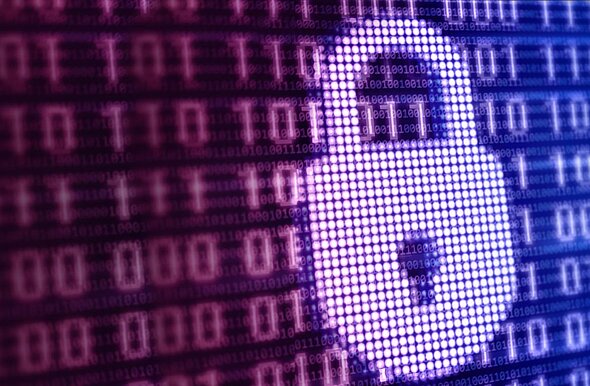 A digitally rendered padlock symbol is prominently displayed against a background of binary code. The image conveys themes of security and digital protection, highlighted by a gradient of purple and blue tones.