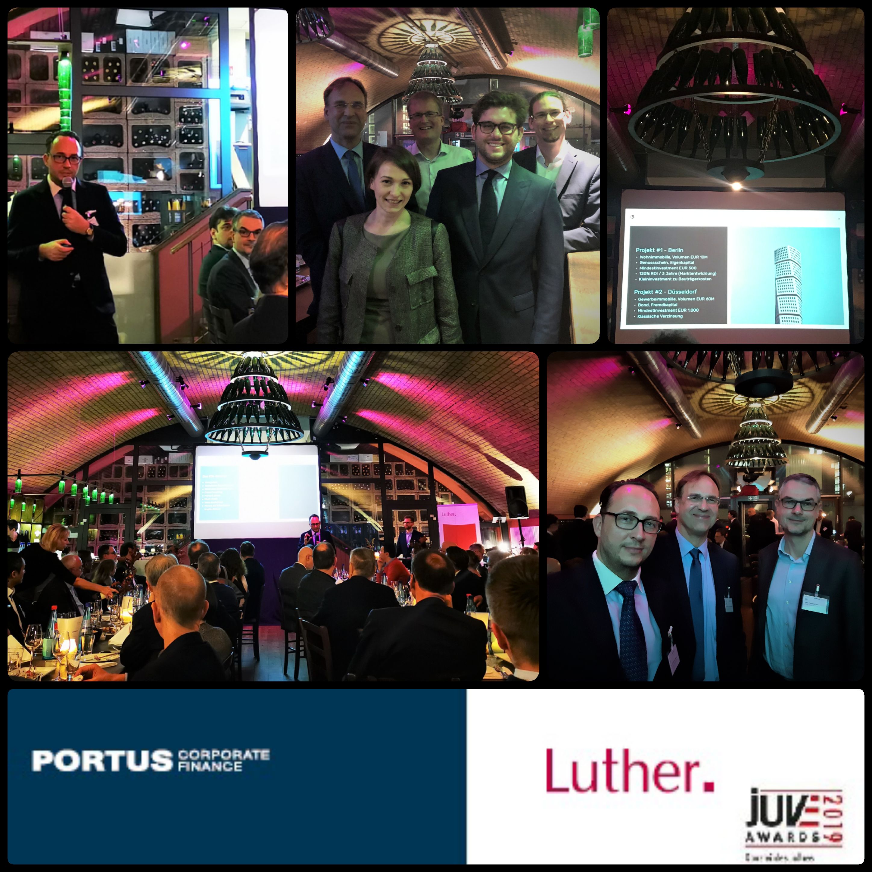 A corporate finance event is shown, featuring a group of professionals posing together, with a presentation on a screen in the background. The setting is elegantly decorated, with tables for dining and an audience engaged in the presentation. Logos for Portus Corporate Finance and Luther are visible.