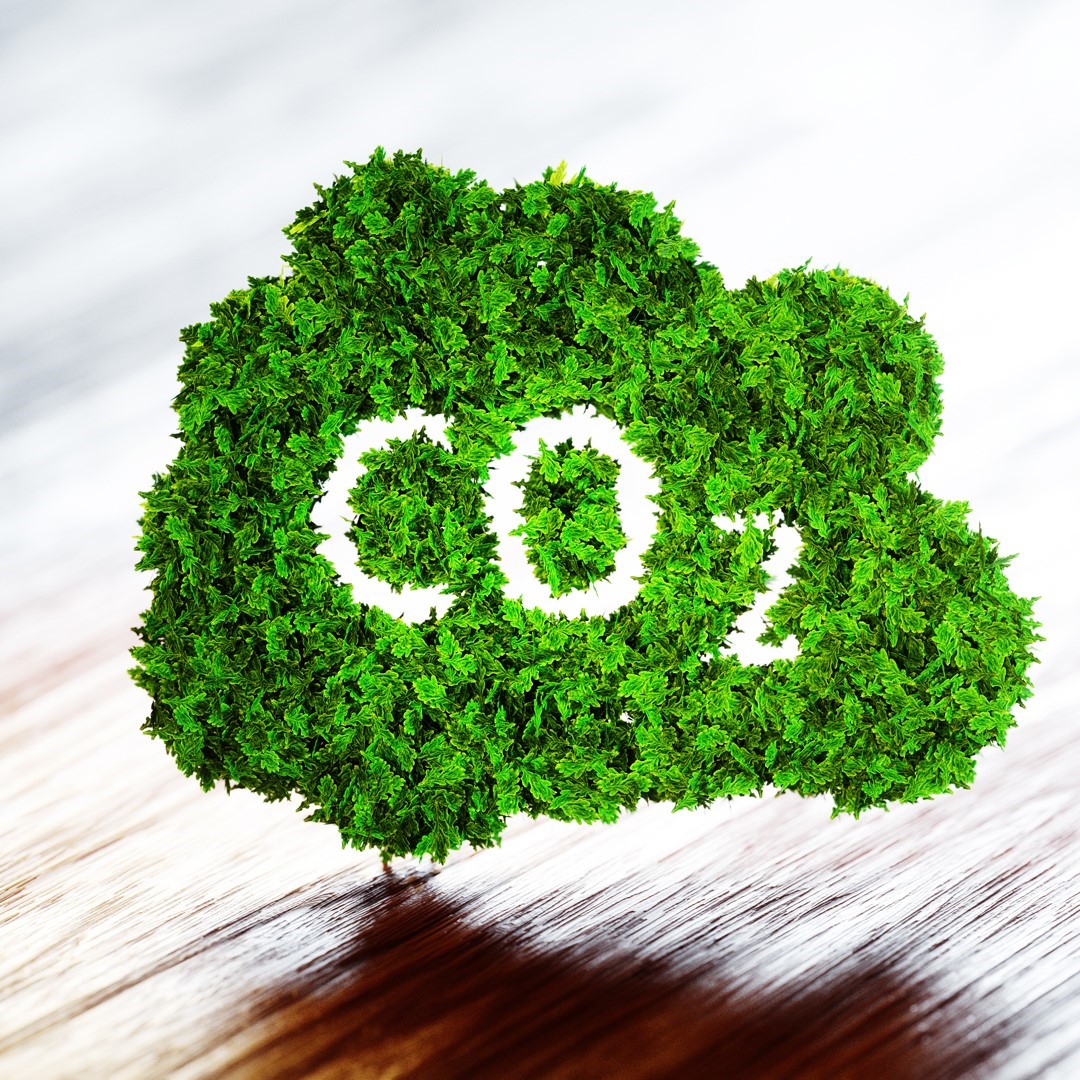 Eine grüne Wolke aus Blättern mit der Aufschrift "CO₂" in der Mitte. Die Darstellung symbolisiert das Thema Kohlenstoffdioxid und Umweltbewusstsein.