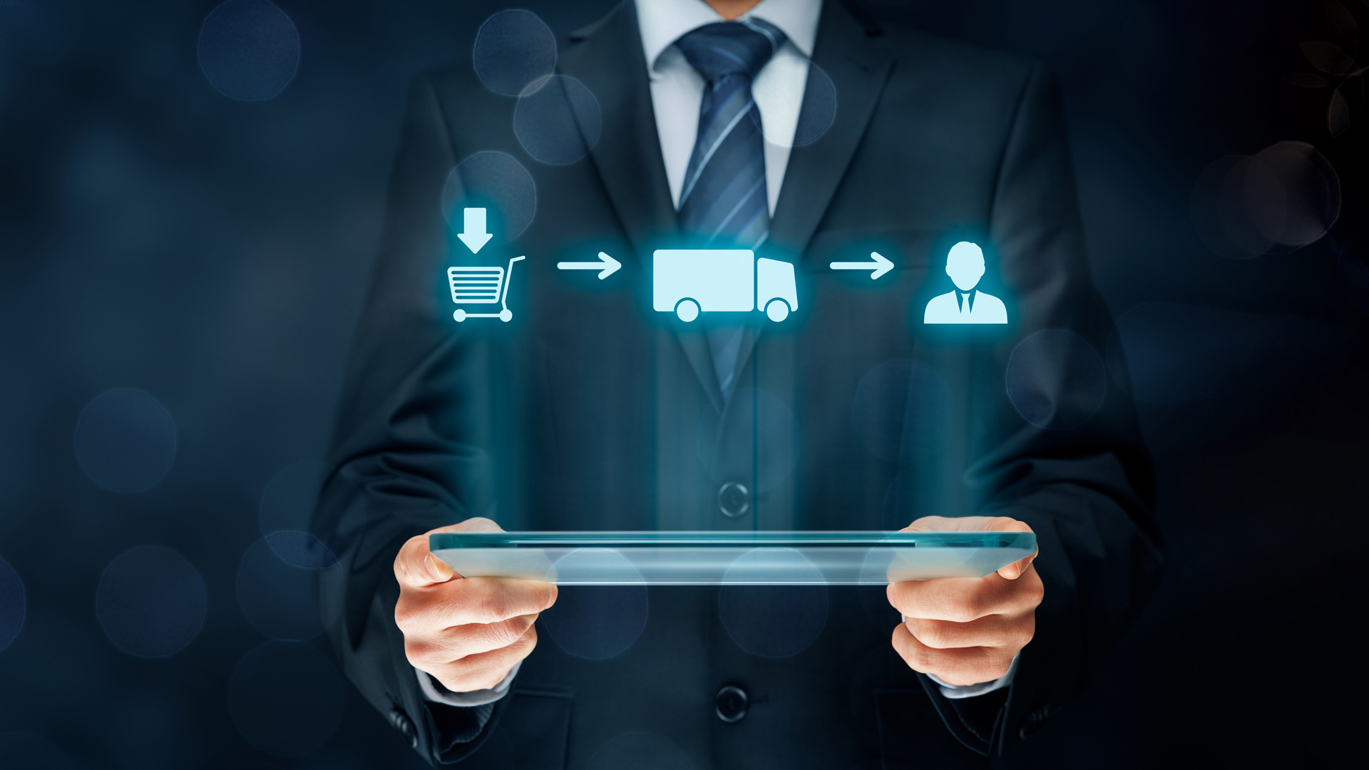 A person in a suit holds a tablet, displaying a sequence of icons: a shopping cart, a delivery truck, and a customer. This visual represents the process of online shopping and delivery, highlighting the connection between purchasing, shipping, and customer service.