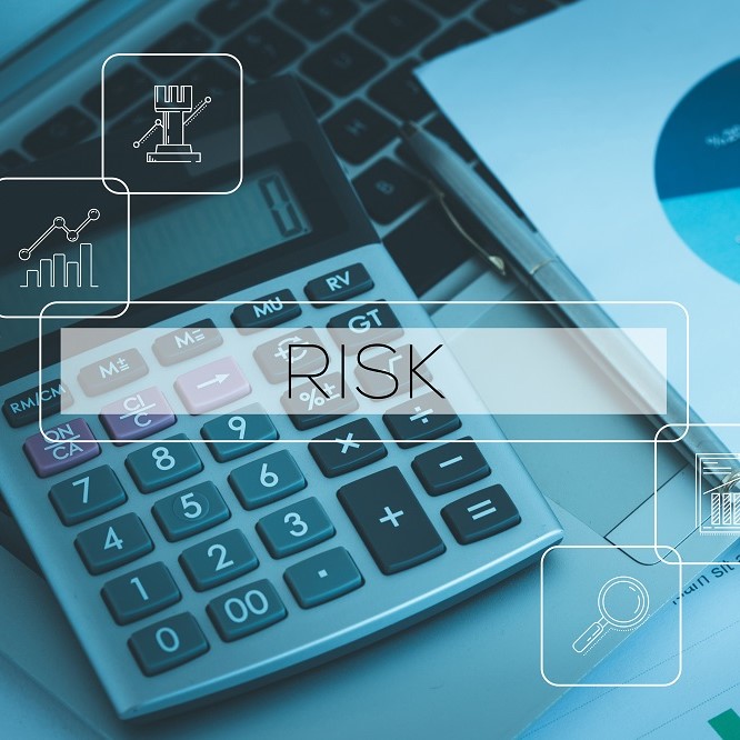 A calculator is prominently displayed on a desk, accompanied by a pen and documents. The word "RISK" is overlayed, suggesting a focus on financial evaluation or analysis. Various icons representing graphs and legal concepts are also present, indicating themes of finance and risk management.