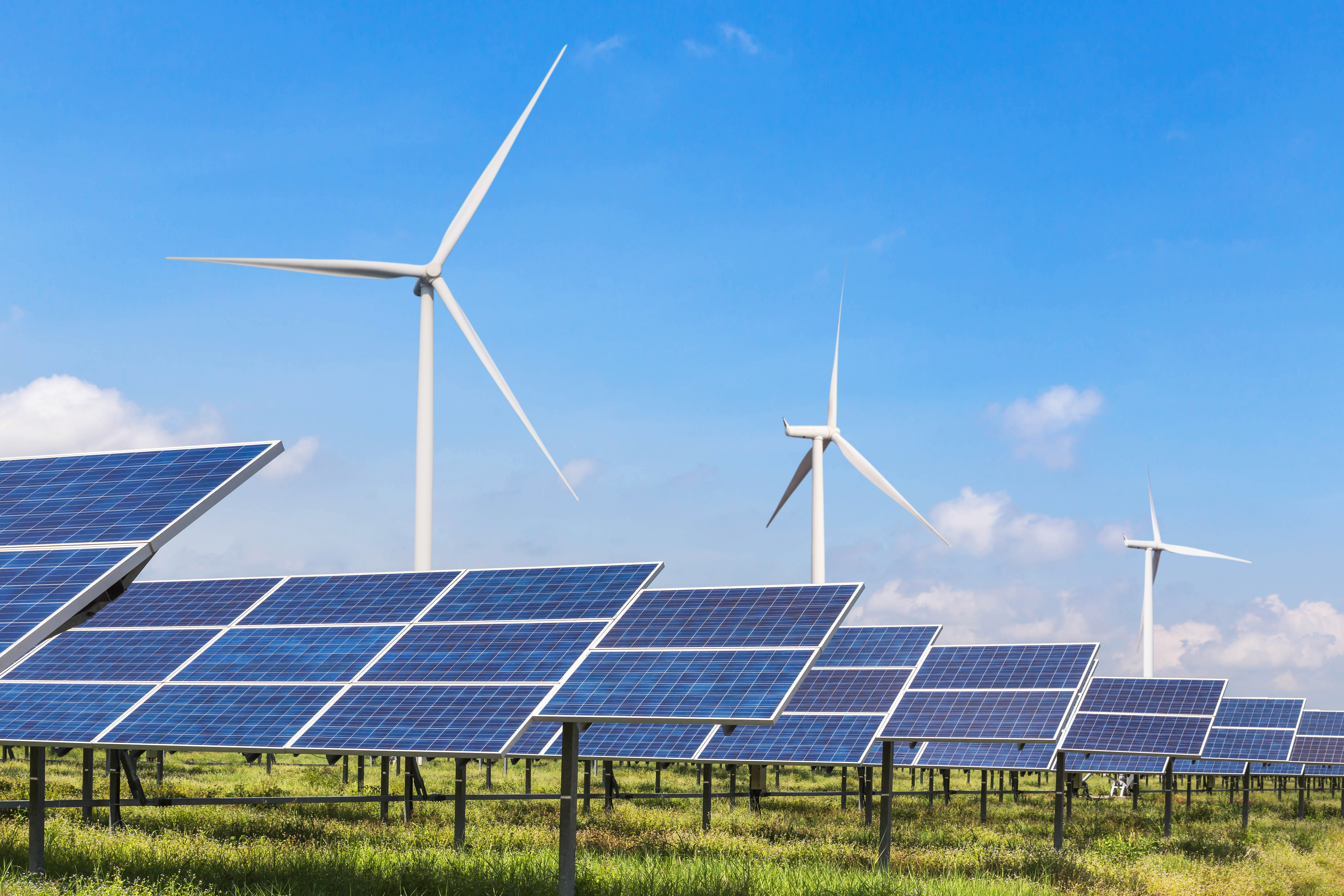 A field of solar panels in the foreground and several wind turbines in the background against a clear blue sky. The scene highlights renewable energy sources, showcasing a commitment to sustainability.