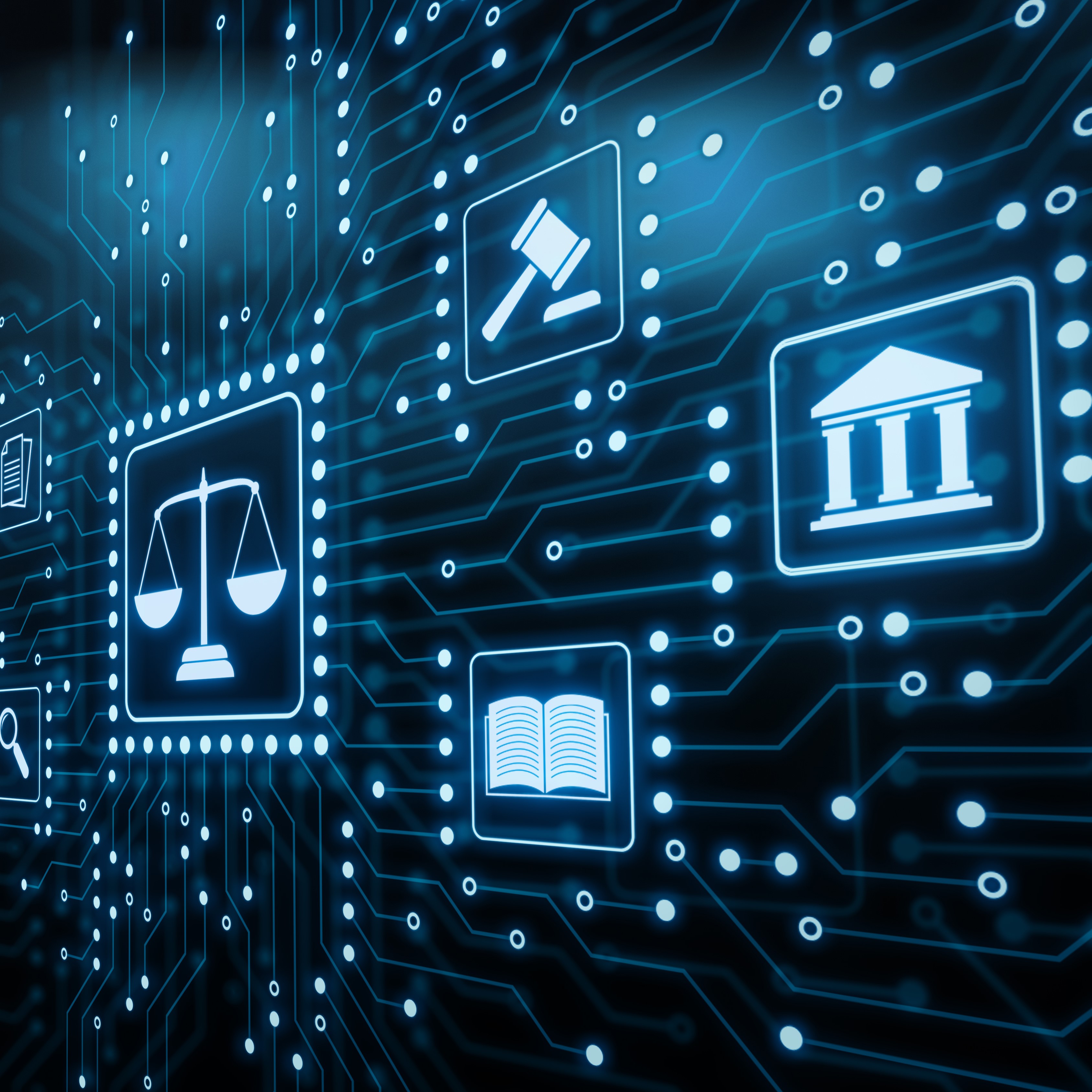 Die Abbildung zeigt eine digitale Schnittstelle mit verschiedenen Symbolen, darunter eine Waage, ein Richterhammer, ein Gericht und ein aufgeschlagenes Buch. Diese Icons stehen für Recht, Justiz und Wissen im digitalen Zeitalter.