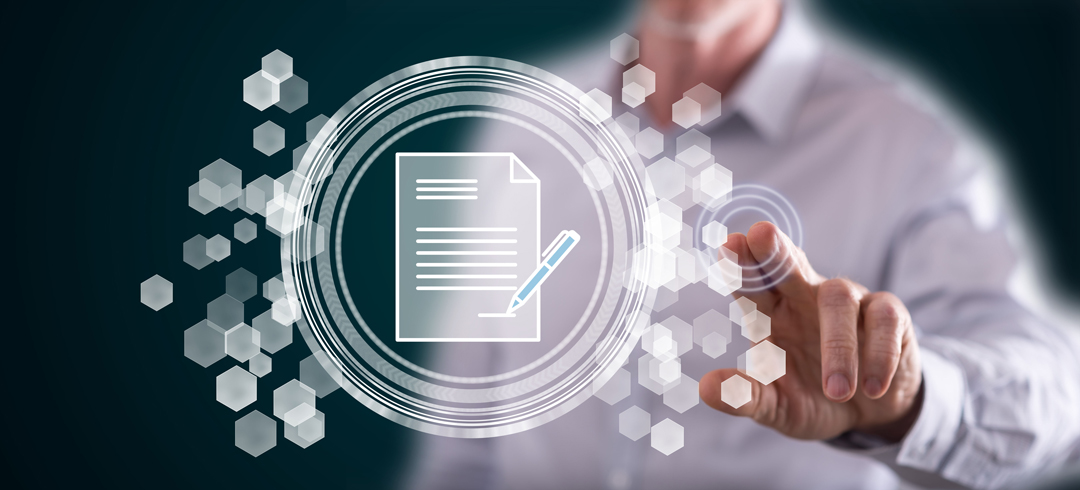 A person in a light-colored shirt interacts with a digital interface, featuring a stylized document icon and a pencil. The background is dark, enhancing the focus on the circular graphic elements surrounding the document. The image conveys themes of digital documentation and technology.