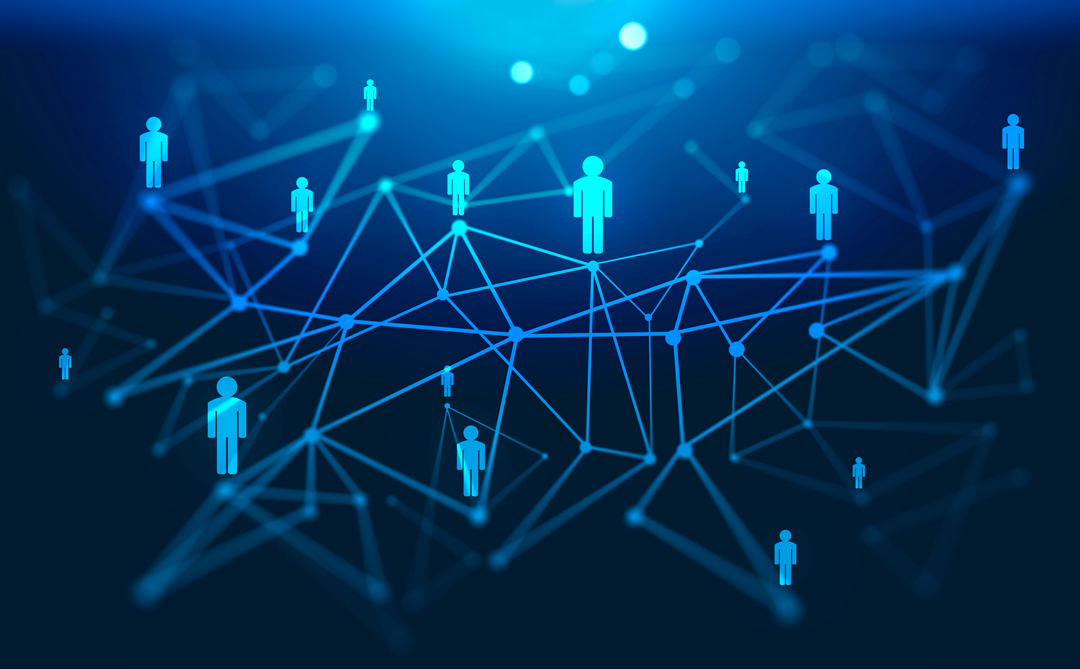 Abstract graphic featuring blue figures representing people interconnected by lines on a dark background. The design symbolizes networking or social connections, emphasizing the relationships among individuals in a digital environment.