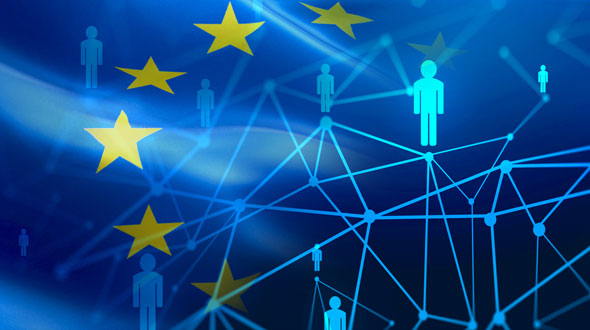 Abstract illustration featuring blue human figures interconnected by lines, set against a blue background. Prominent yellow stars are scattered throughout, symbolizing the European Union. The image represents connectivity and collaboration within a network, highlighting a sense of unity among individuals.