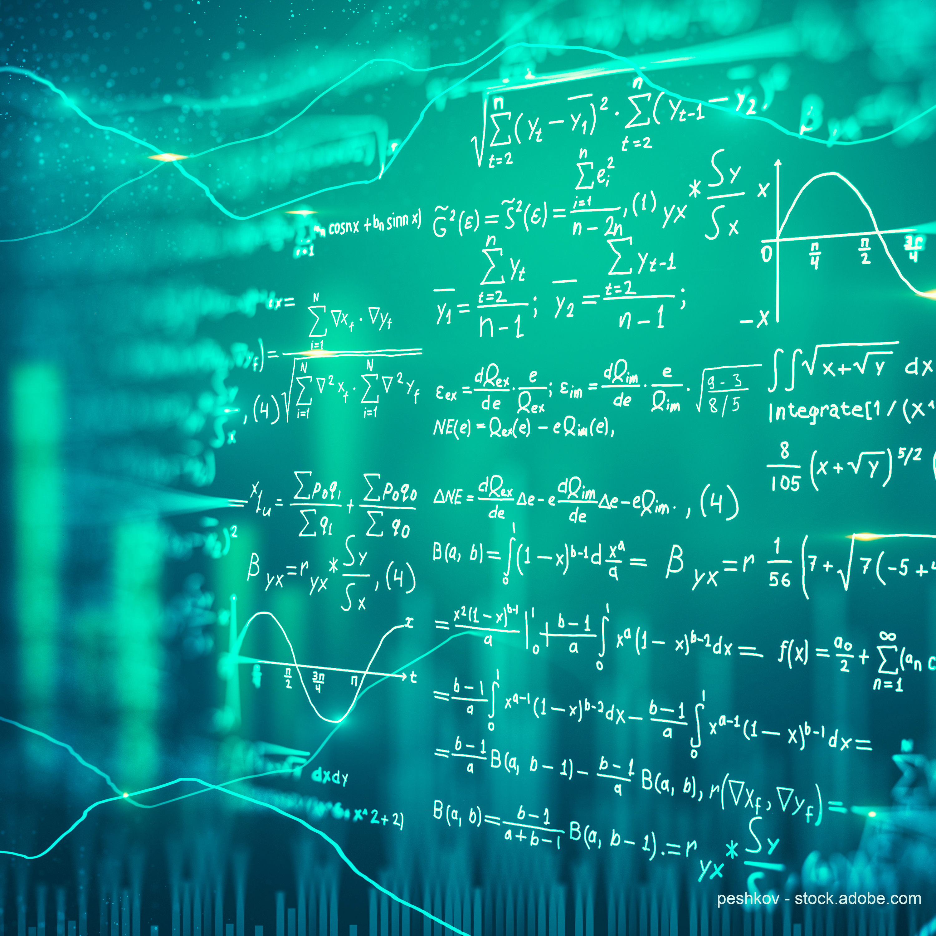 The image features a glowing backdrop filled with mathematical equations and symbols, including integrals, summations, and sine waves, presented in white against a teal background. The composition conveys a sense of advanced mathematical concepts and scientific analysis.
