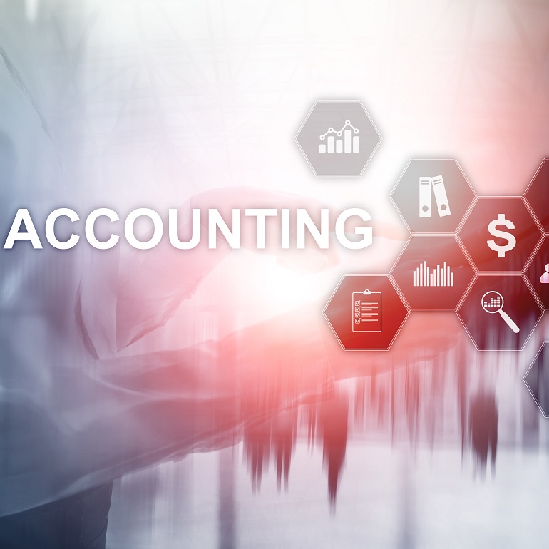 An abstract representation of accounting concepts is depicted, with symbols for financial data, documentation, and analysis. The prominent word "ACCOUNTING" stands out, suggesting a focus on financial management and income tracking. 