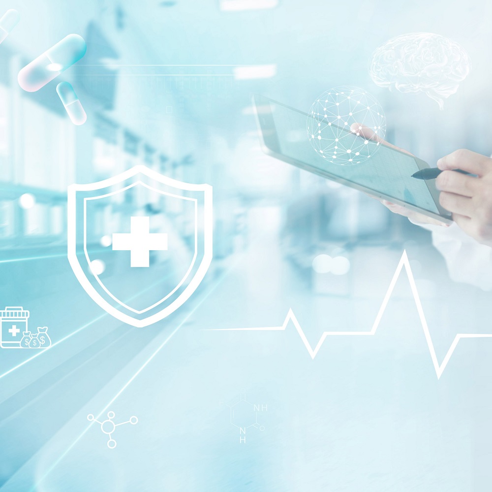 A person holds a tablet while interacting with digital health icons, including a shield with a medical cross, a heartbeat line, and scientific symbols. The background suggests a medical environment, emphasizing themes of healthcare, technology, and protection.