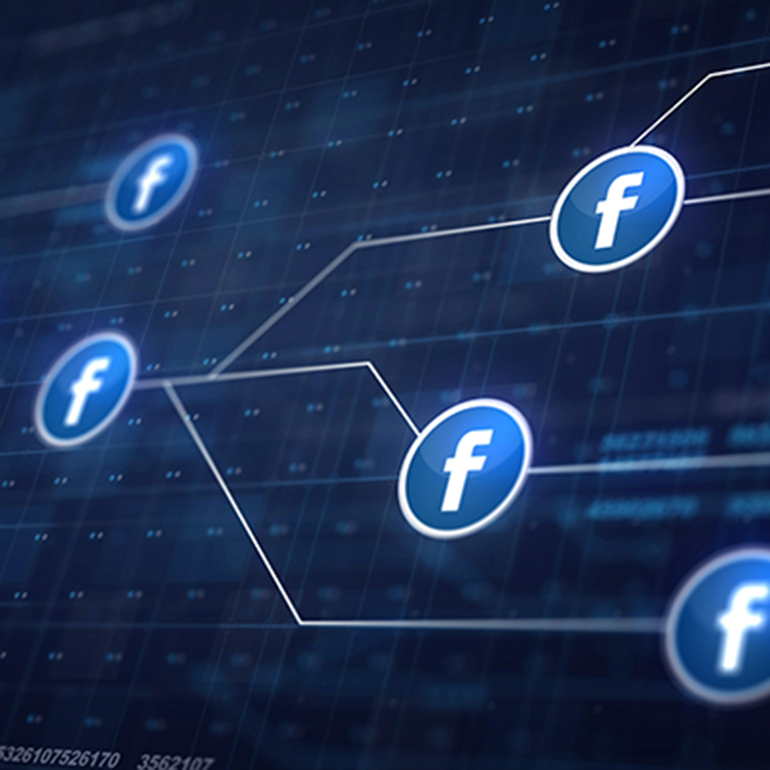 Graphic illustration of interconnected blue circles featuring the Facebook logo. Lines connect the circles, representing a network or social media connections, set against a dark, digital background. The image conveys themes of connectivity and social networking.