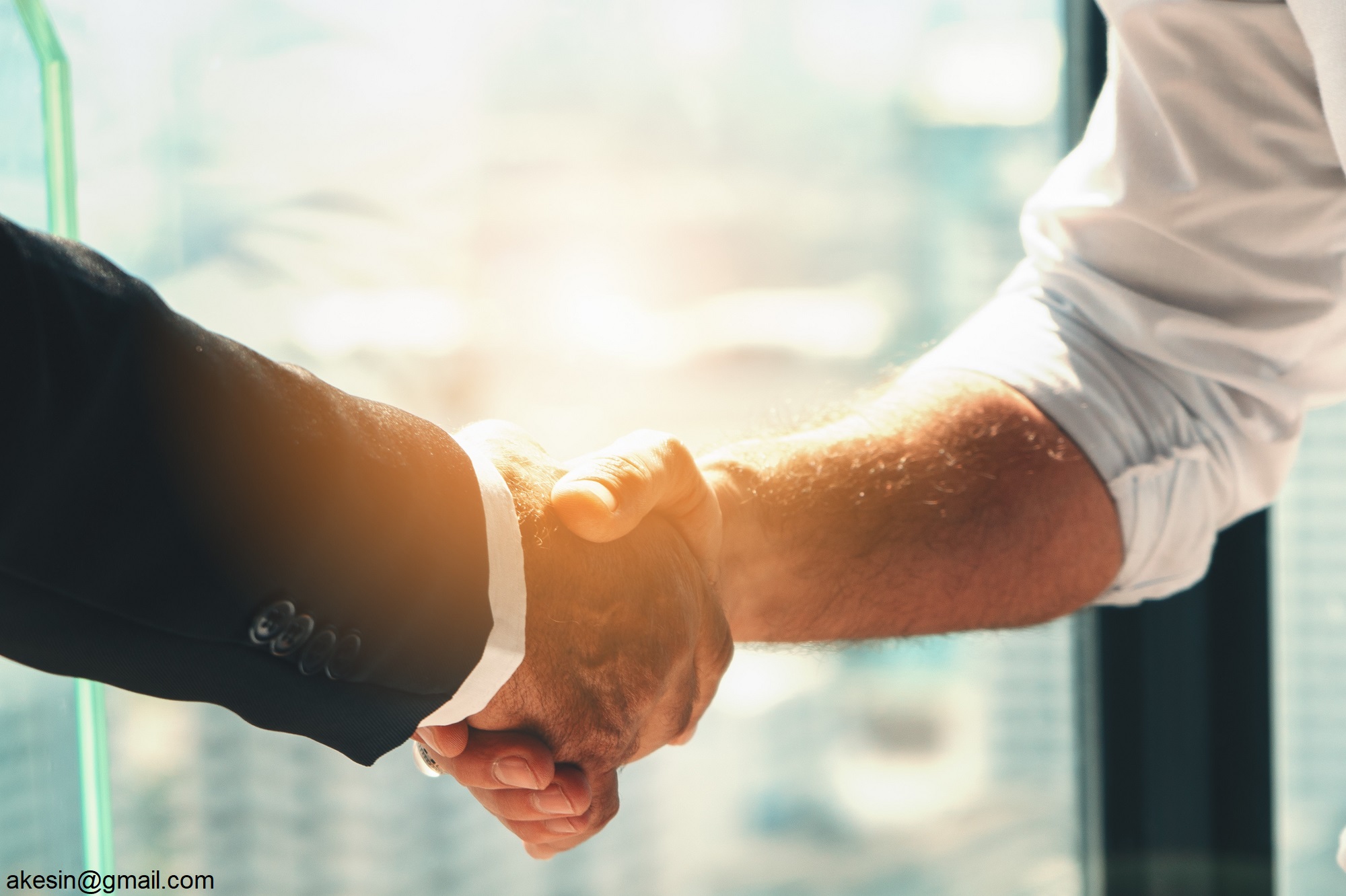 Two hands shake firmly in a business setting, symbolizing collaboration and agreement. The background features a bright, blurred cityscape, suggesting a professional environment. The image captures a moment of connection and partnership.