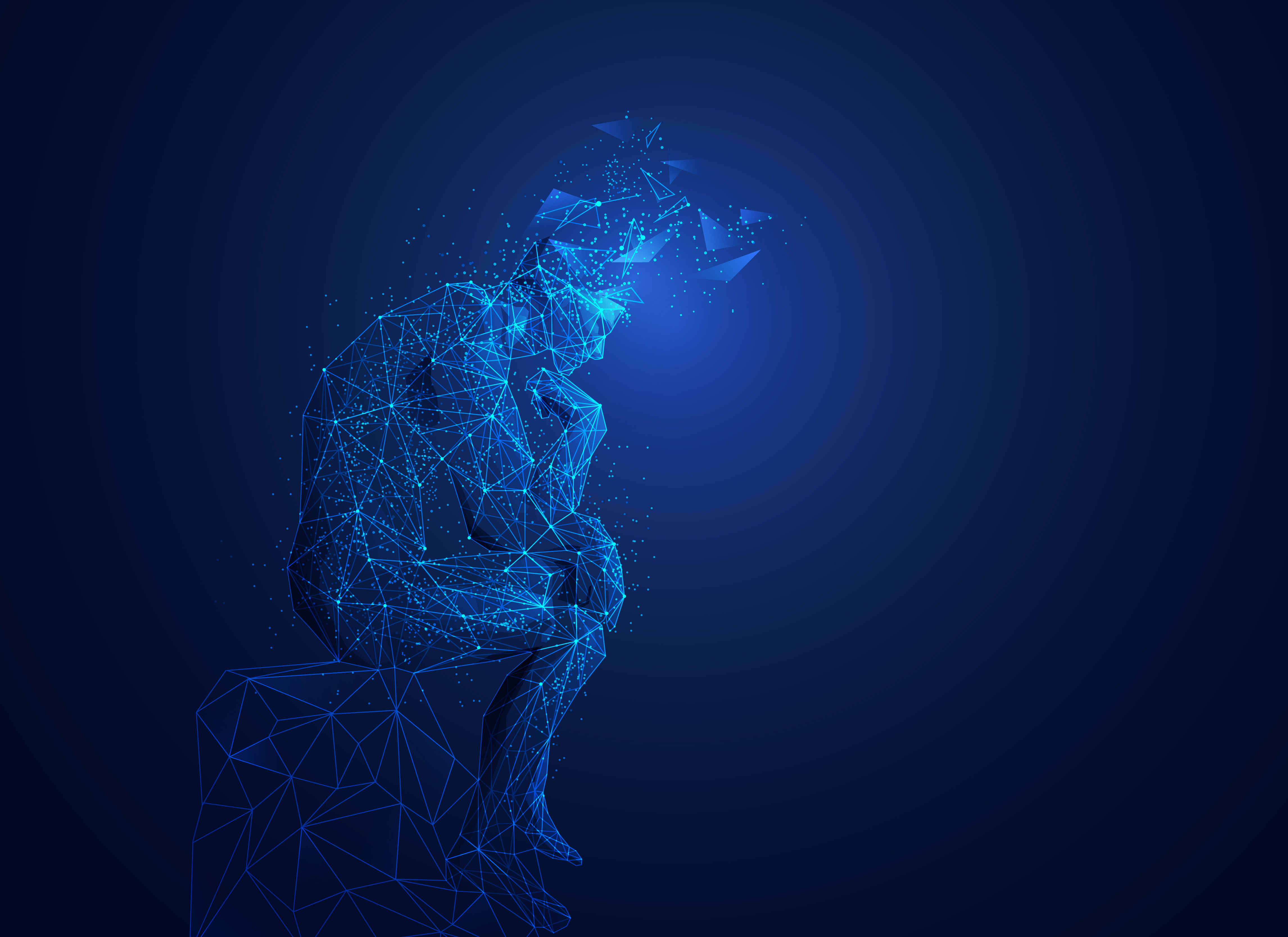 Eine stilisierte, digitale Figur sitzt nachdenklich auf einem Block. Die Figur ist aus blauen, funkelnden Linien und Punkten zusammengesetzt, vor einem dunkelblauen Hintergrund. Der Kopf der Figur zerfällt in geometrische Formen, was einen Eindruck von tiefem Denken vermittelt.