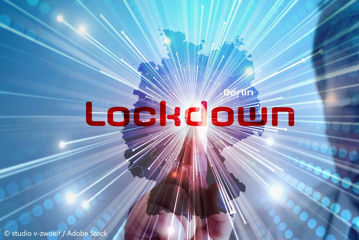 A graphic representing a lockdown in Berlin, featuring the outline of Germany. The word "Lockdown" is prominently displayed in bold, red letters, with visual effects suggesting urgency, such as rays of light emanating from the center.