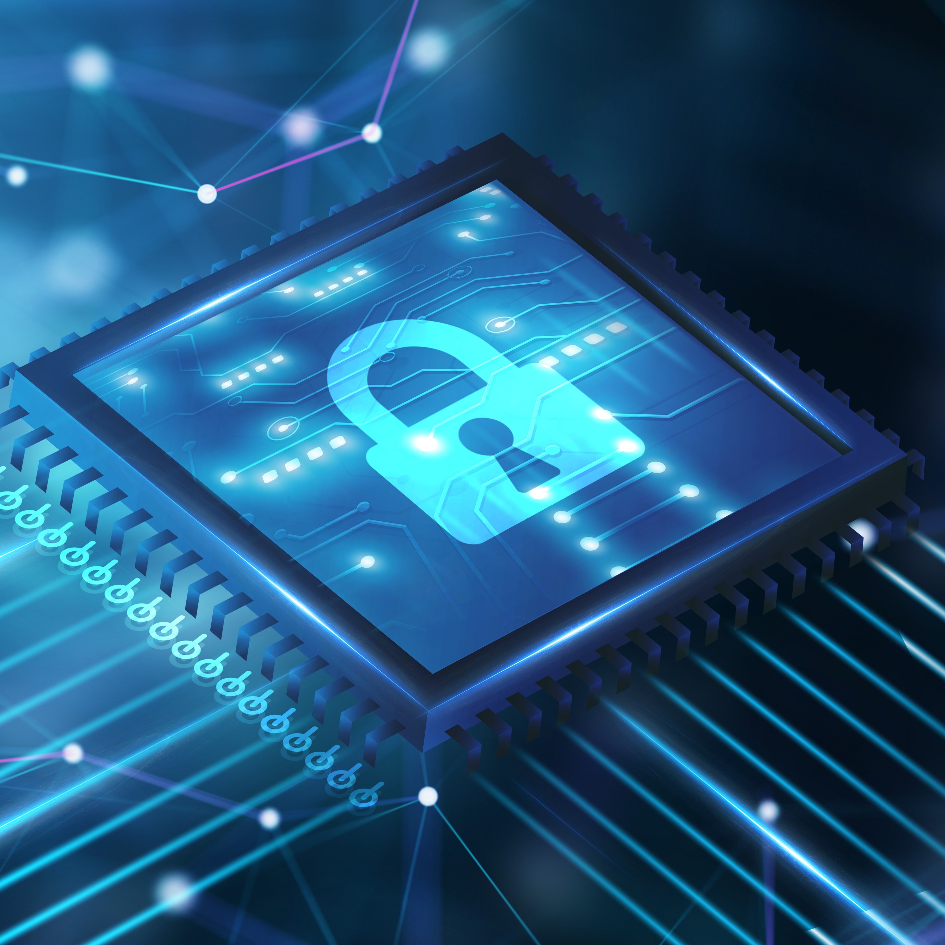 Ein digitaler Mikrochip mit einem Schloss-Symbol, das Sicherheit und Datenschutz symbolisiert. Der Hintergrund enthält grafische Elemente, die technologischen Fortschritt und Vernetzung darstellen.