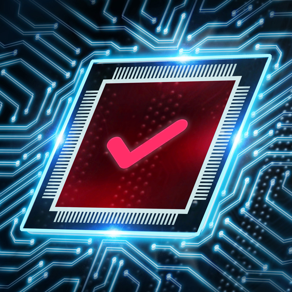 Ein stilisiertes Mikrochip-Design auf einem futuristischen Hintergrund, mit einem leuchtend roten Quadrat in der Mitte, das ein rosa Häkchen zeigt. Es vermittelt den Eindruck von Technologie und erfolgreichen Verbindungen.