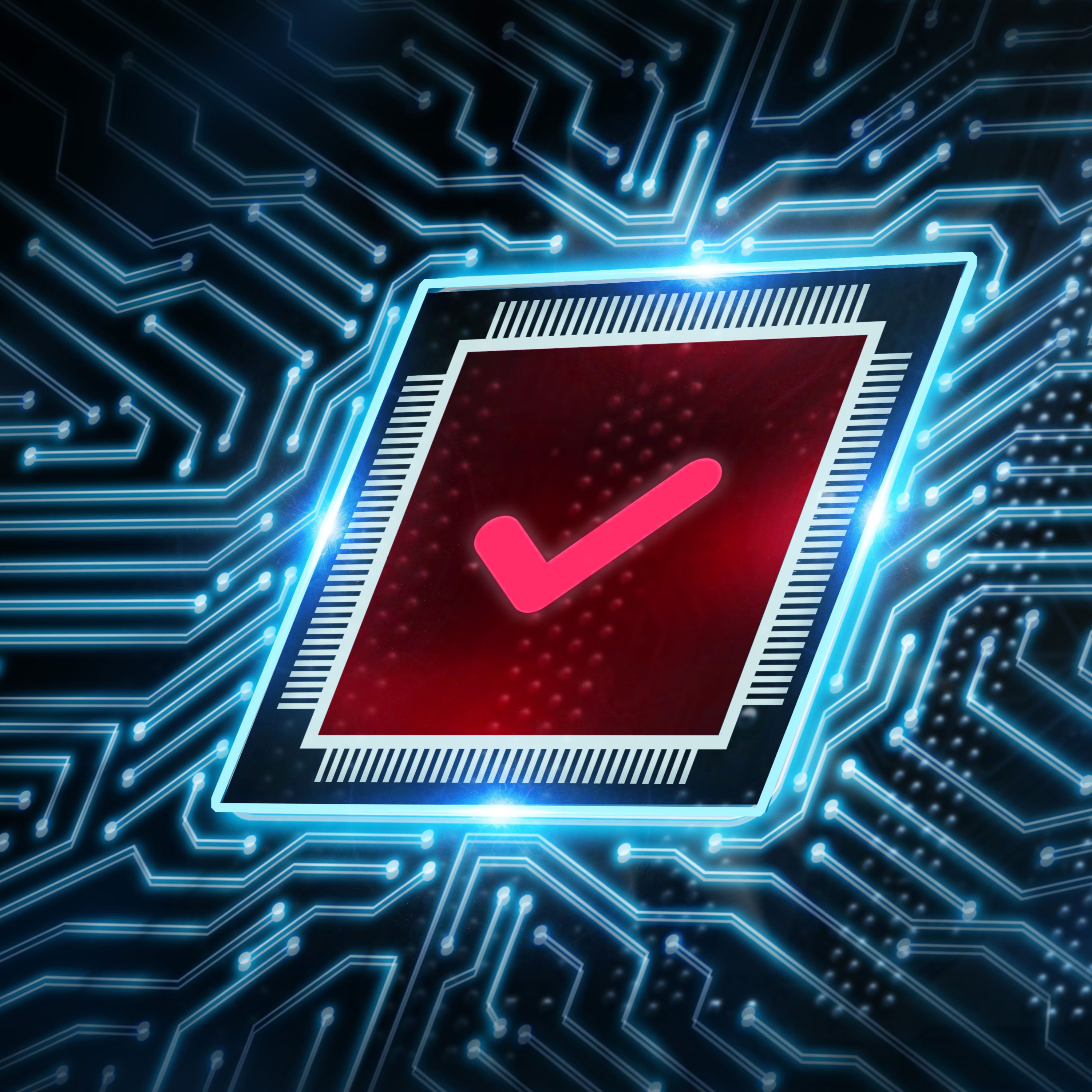 Ein stilisierter Mikrochip mit einem roten Hintergrund und einem hervorgehobenen, pinken Häkchen in der Mitte, um Verifizierung oder Genehmigung zu symbolisieren. Der gesamte Chip ist von einem futuristischen, blauen Lichtstrahl umgeben, was ein technologisches Thema verstärkt.