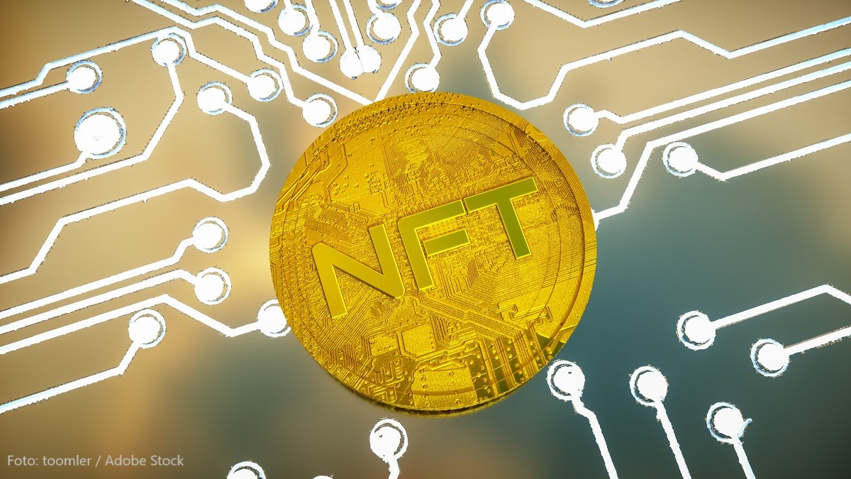 A golden coin marked with "NFT" is centered against a backdrop of stylized circuit patterns. This image represents the concept of non-fungible tokens in digital currency and blockchain technology.