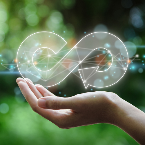 Eine Hand hält ein holografisches Unendlichkeitssymbol, das von funkelnden Lichtern umgeben ist. Der Hintergrund zeigt verschwommene grüne Natur, was ein Gefühl von Nachhaltigkeit und zyklischen Prozessen vermittelt.