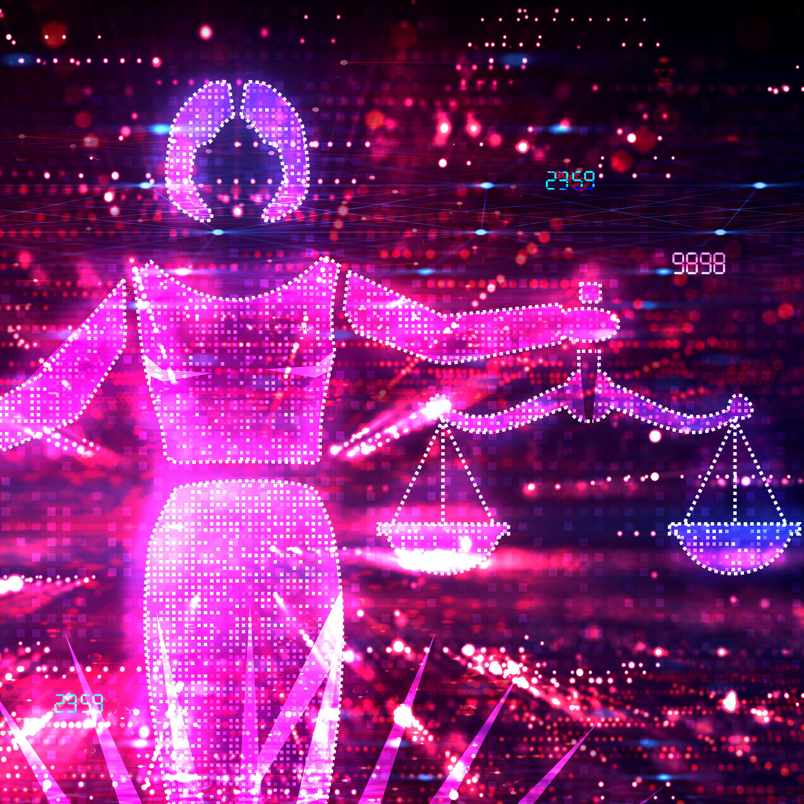 Eine künstlerische Darstellung einer weiblichen Figur in pinkem Licht, die eine Waage in der Hand hält. Die Figur symbolisiert Gerechtigkeit und Rechtsprechung, umgeben von einem bunten, digitalen Hintergrund.