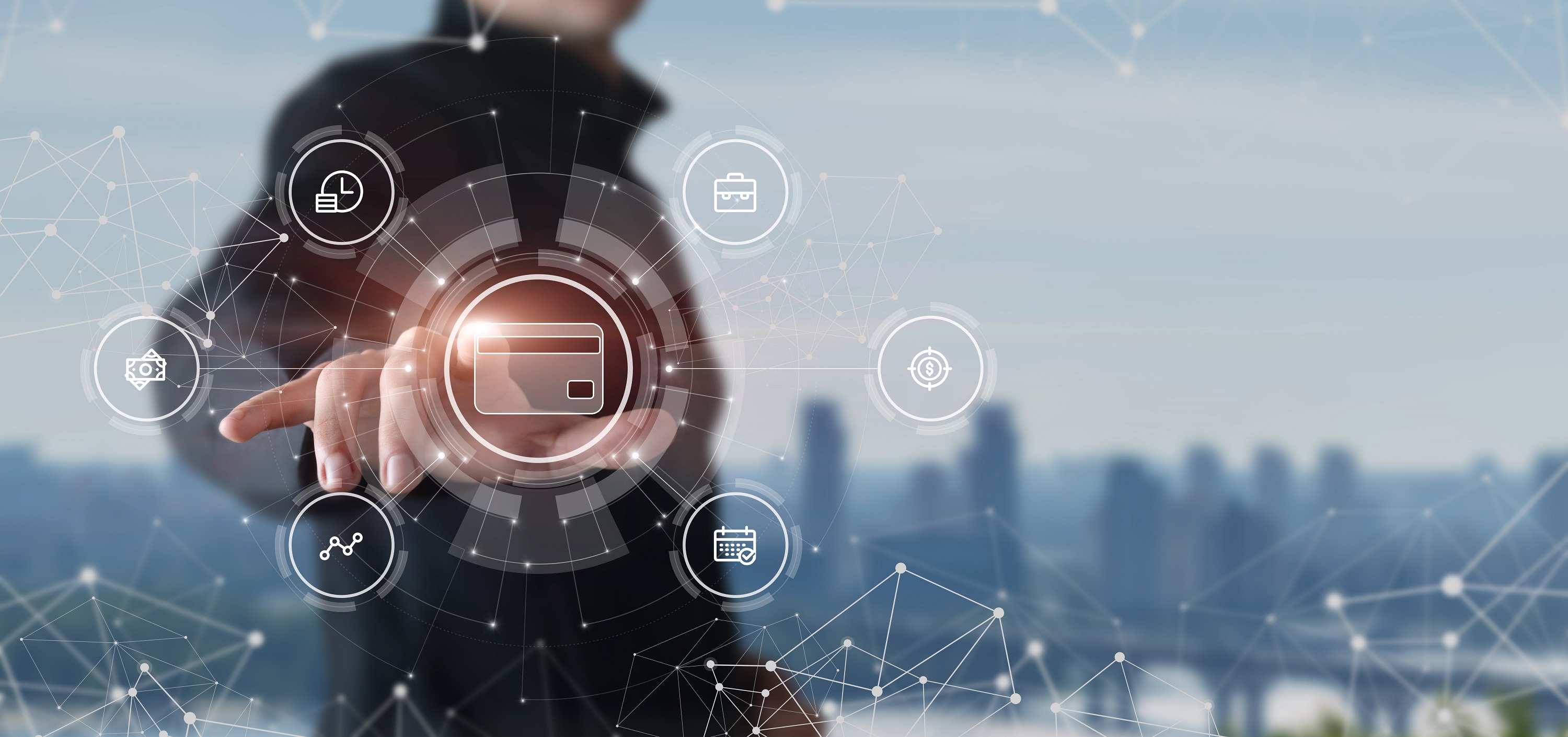 A person in a business suit reaches out with their hand, interacting with various digital icons representing financial services, payment options, and business tools, set against a blurred city skyline background, symbolizing technology and innovation in finance.