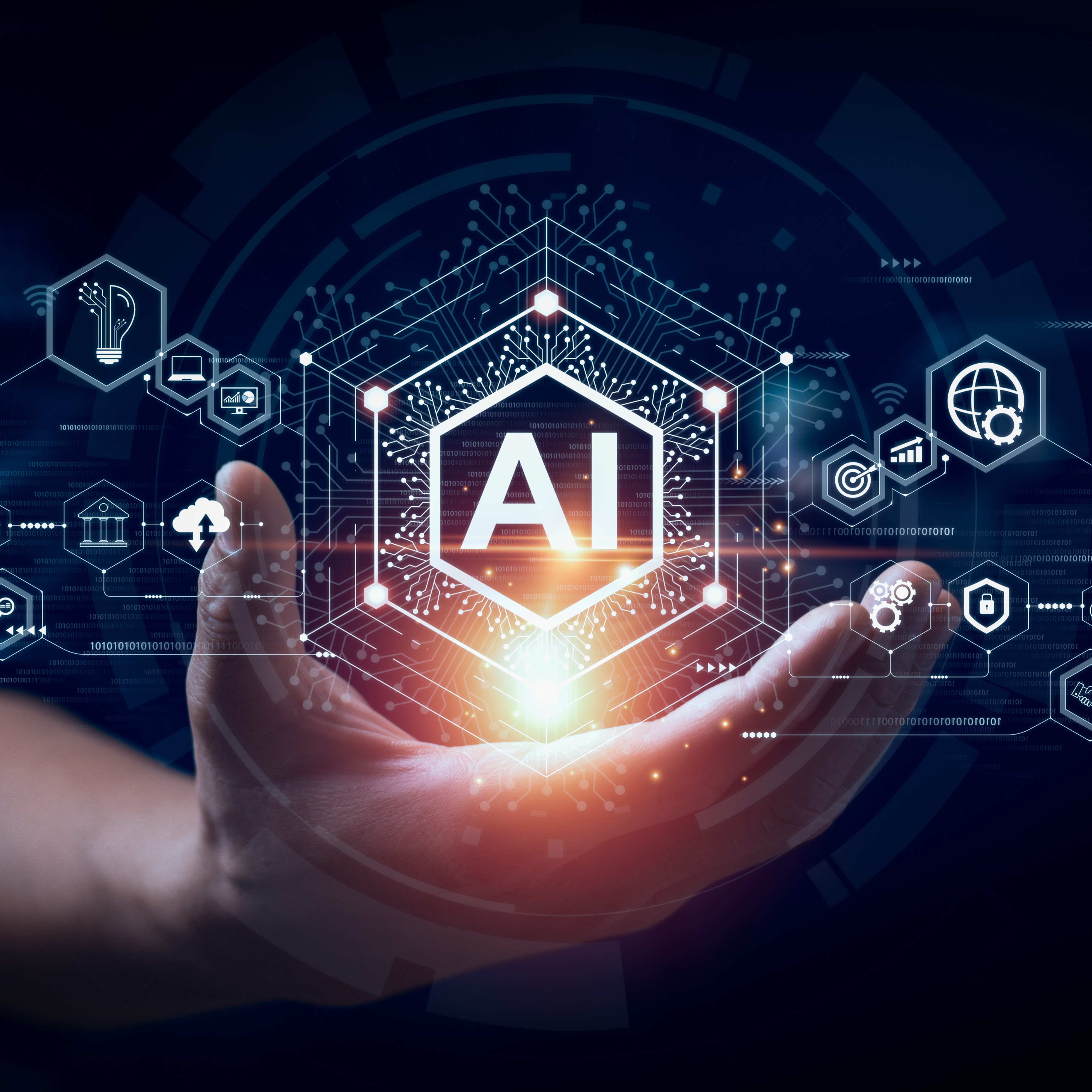 A hand is reaching out to a glowing symbol of "AI" surrounded by digital icons, representing technology and interconnectedness. The background features circuit-like patterns, emphasizing the theme of artificial intelligence and innovation.