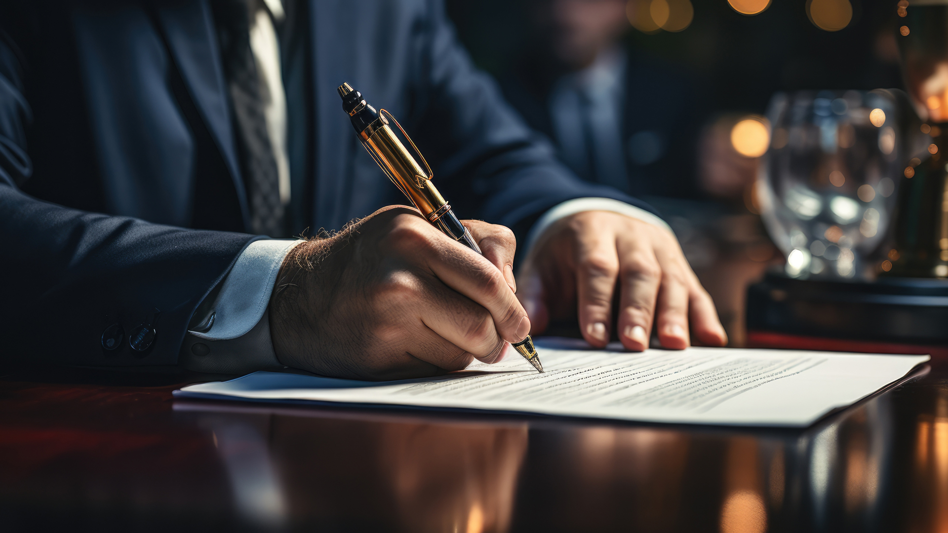 Ein Mann in einem Anzug sitzt an einem Tisch und schreibt mit einem Füller auf einem Dokument. Der Fokus liegt auf seiner rechten Hand, die den Stift hält, während seine linke Hand auf dem Tisch ist. Im Hintergrund sind unscharfe Elemente zu sehen.
