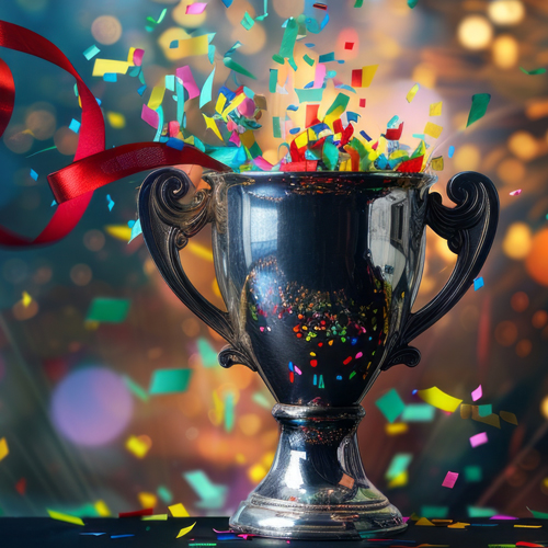 Ein silberner Pokal steht im Vordergrund, während bunte Konfetti und Feierstreifen herausströmen. Der Hintergrund ist festlich verschwommen, passend zur feierlichen Stimmung.