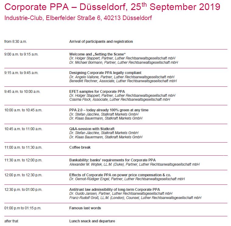 Ein Zeitplan für das Event „Corporate PPA“ in Düsseldorf am 25. September 2019. Er beinhaltet Zeitangaben und Themen der Vorträge sowie Pausen, darunter rechtliche Aspekte, Bankfähigkeiten und die Auswirkungen von Corporate PPA auf die Strompreiskompensation.