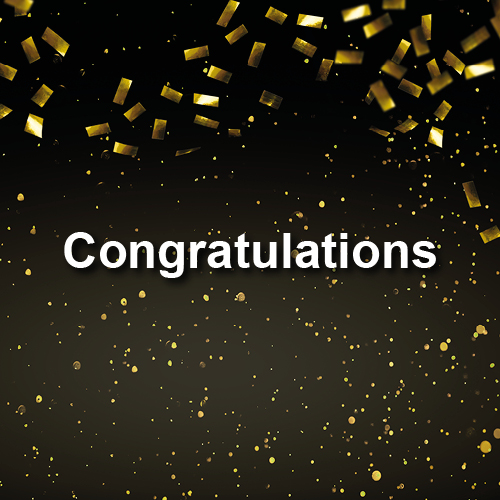 The image features the word "Congratulations" prominently centered against a dark background, with scattered golden confetti and dots, suggesting a celebratory theme.