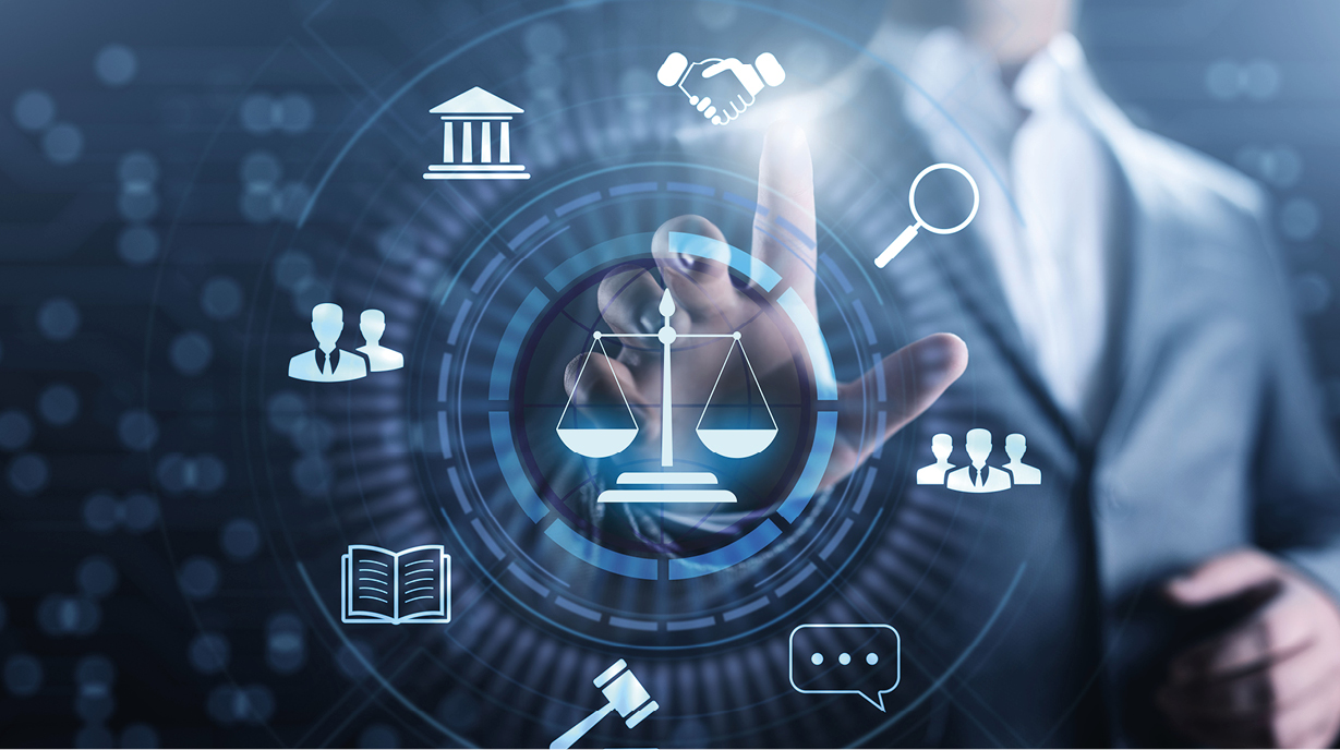 Ein Mann in Anzug berührt symbolisch eine digitale Anzeige mit Waage und verschiedenen Rechts- und Kommunikationssymbolen. Die Darstellung repräsentiert rechtliche Themen, Zusammenarbeit und Technologien im juristischen Bereich.