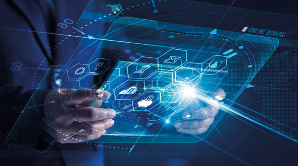 Eine Person hält ein digitales Tablet, das von blauen und weißen Grafiken sowie Hexagon-Symbolen umgeben ist. Die Grafiken repräsentieren Online-Banking und digitale Technologien, die zusammen eine futuristische Benutzeroberfläche bilden. Das Bild vermittelt das Konzept der digitalen Interaktion und Innovation.