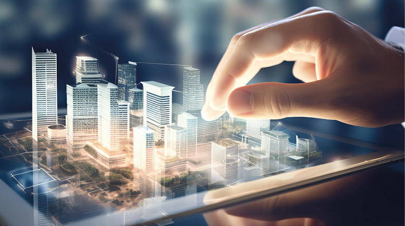 Eine Hand berührt einen Tablet-Bildschirm, auf dem eine 3D-Darstellung einer modernen Stadt mit hohen Gebäuden und grünen Flächen zu sehen ist. Das Bild vermittelt den Eindruck von technologischem Fortschritt und urbaner Planung.