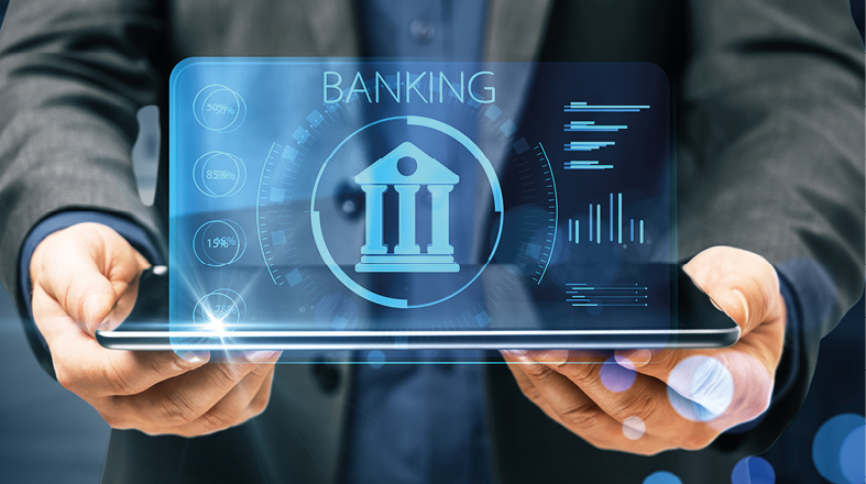 Eine Person hält ein Tablet, auf dem eine digitale Darstellung eines Bankgebäudes und Diagramme zu sehen sind. Über dem Bild steht das Wort "BANKING". Die Grafiken scheinen Finanzdaten oder Analysen darzustellen.