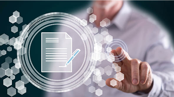 Ein Mensch berührt mit einem Finger ein digitales Dokument, das mit einem Stift symbolisiert wird. Im Hintergrund sind geometrische Formen abgebildet, die eine technologische Atmosphäre schaffen. Die Darstellung vermittelt ein Gefühl von interaktiver Dokumentenbearbeitung.