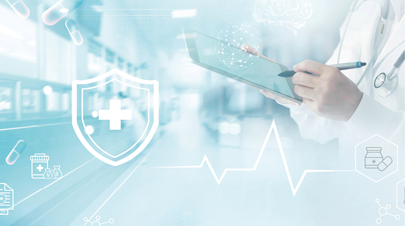 Ein Arzt, der auf einem Tablet schreibt, steht in einem modernen medizinischen Umfeld. Im Hintergrund sind Symbole für Gesundheit und Medizin abgebildet, einschließlich eines Schutzschildes mit einem Kreuz, was auf medizinische Sicherheit hinweist.