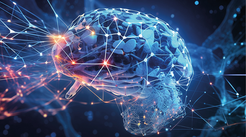 Eine digitale Darstellung eines menschlichen Gehirns, umgeben von leuchtenden neuronalen Verbindungen und Netzwerken, die Wissen und Informationsaustausch symbolisieren. Die Farben variieren zwischen Blau und Neon, was eine futuristische und technologische Atmosphäre vermittelt.