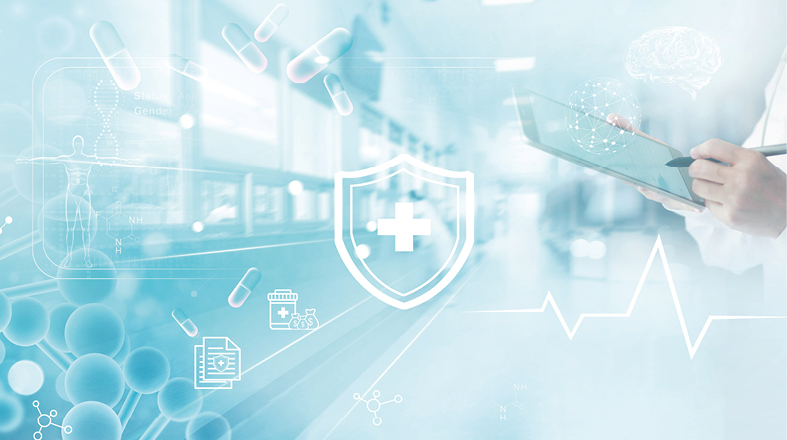 A healthcare professional analyzes data on a digital tablet. The background features abstract medical symbols, including a shield with a cross, pills, and molecular structures, symbolizing health, safety, and scientific research in a medical setting.