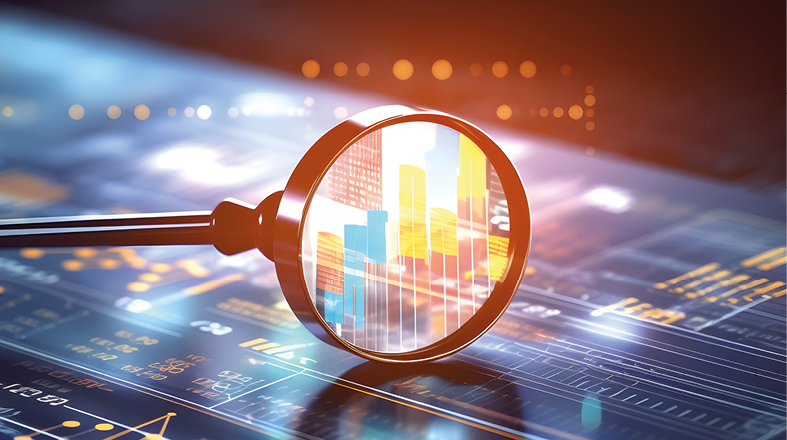 Ein Vergrößerungsglas liegt auf einem digitalen Hintergrund, der Datenvisualisierungen zeigt. Die Grafik im Glas hebt bunte Säulen und Balken hervor, die für statistische Analysen oder Unternehmenszahlen stehen. Der Gesamteindruck vermittelt das Thema Datenanalyse und Forschung.