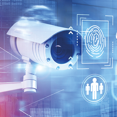 The image features a surveillance camera against a digital backdrop, illustrating themes of security and biometric identification. Symbols include a fingerprint and human figures, emphasizing the intersection of technology and personal identification in a modern surveillance context.