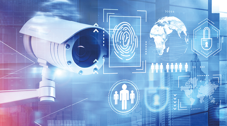 A security camera is prominently displayed, surrounded by digital graphics representing surveillance technology. Icons include a fingerprint, a padlock, and human figures, emphasizing themes of security, privacy, and monitoring in a modern, data-driven environment.