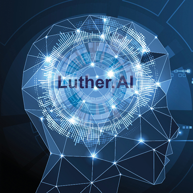 Eine grafische Darstellung eines Kopfes, umgeben von digitalen Elementen und Lichtpunkten, mit dem Schriftzug "Luther.AI" in der Mitte. Die Komposition vermittelt den Eindruck von Künstlicher Intelligenz und technologischem Fortschritt.
