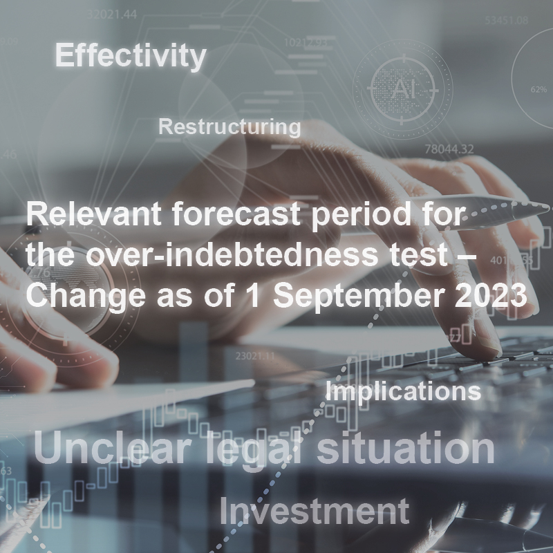 A person's hands are typing on a laptop. The text in the image discusses key topics such as "Effectivity," "Restructuring," and the "relevant forecast period for the over-indebtedness test" effective from September 1, 2023, along with implications and legal considerations related to investment.
