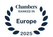 The image features a circular laurel wreath design with the text "Chambers RANKED IN Europe 2025" prominently displayed. This signifies recognition from Chambers in 2025 for achievements or standings in Europe.