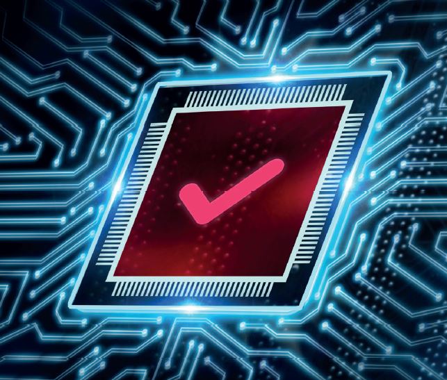 A stylized computer chip with a red background and a large pink checkmark overlay. The chip is surrounded by glowing blue circuitry, symbolizing technology and validation.